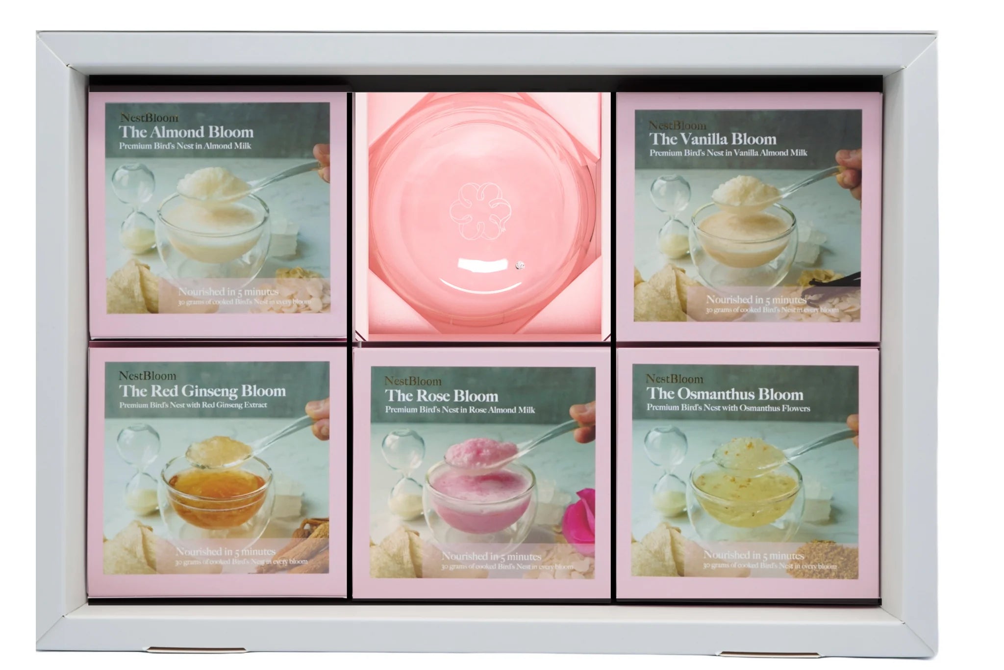 Almond Bloom, Vanilla Bloom, Red Ginseng Bloom, Rose Bloom and Osmanthus Bloom Birds Nests before and after